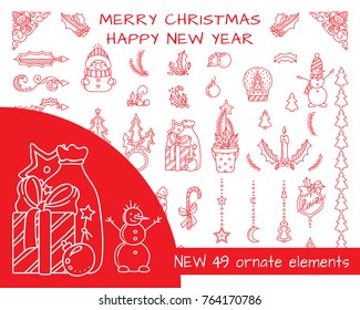 Vector hand-drawing elements. Lovely Happy new year, winter theme tiny signs, symbols, icons, arrows. Perfect for web or other holiday design, perfect for dividers, index and more. Red and white