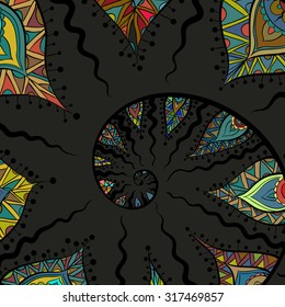 Vector hand-drawing. Ethnic colored pattern. On a black background.