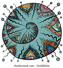
Vector hand-drawing. Ethnic ornament colored, twisted spiral.