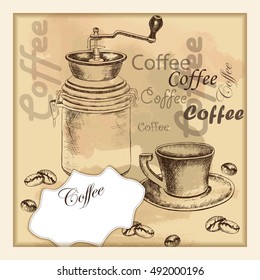 Vector hand-drawing sketch coffee set on old paper background for design