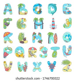 Vector hand-drawn abstract alphabet on the theme of summer holidays at the sea, isolate on a white background