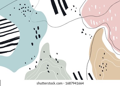 Vector hand-drawn abstract background with different shapes,dots and lines. Abstract background with different shapes and textured. Contemporary modern trendy vector illustrations. Pastel colors