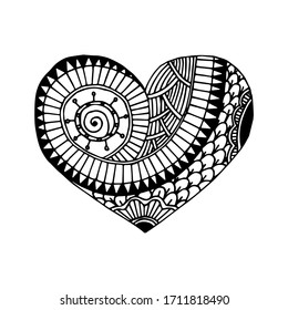 Vector hand-drawn abstract doodle heart. Coloring page for children and adults, for Valentine's day February 14. Black outline. Isolated on white. It can be used as a sample for the designer. EPS 8.