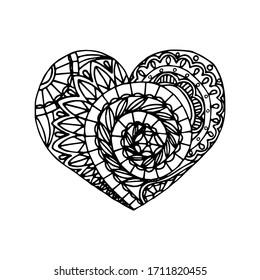 Vector hand-drawn abstract doodle heart. Coloring page for children and adults, for Valentine's day February 14. Black outline. Isolated on white. It can be used as a sample for the designer. EPS 8.