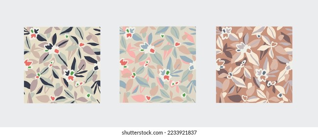 Vector hand-drawn abstract flower and leaf illustration seamless repeat pattern 3 color ways set