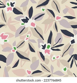 Vector hand-drawn abstract flower and leaf illustration seamless repeat pattern 