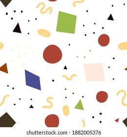 Vector hand-drawn abstract geometry seamless pattern. Abstract shapes and colorful geometric blocks. Repeated background for kids fabric design.