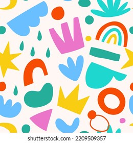 Vector hand-drawn abstract geometry seamless pattern. Background contemporary modern art style. Hand draw doodle abstract shapes and colorful geometric blocks.