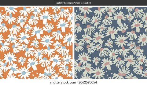 Vector hand-drawn abstract retro color wild flower illustration seamless repeat pattern 2 color ways collection set bundle digital artwork fashion fabric home decor print textile