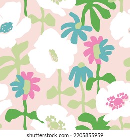 Vector hand-drawn abstract retro flower illustration seamless repeat pattern