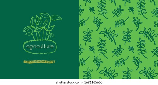 Vector hand-drawn agricultural seamless pattern for hydroponic and microgreens concept. Floral background with growing leaf for label of seed. Natural pastel textures. Banner template for Bio food.