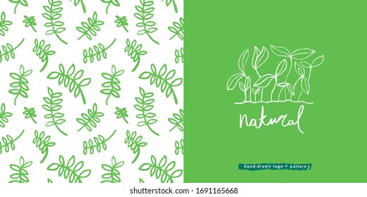 Vector hand-drawn agricultural seamless pattern for hydroponic and microgreens concept. Floral background with growing leaf for label of seed. Natural pastel textures. Banner template for Bio food.