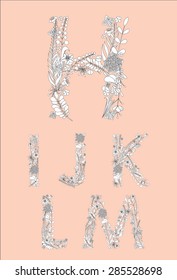 Vector hand-drawn alphabet composed of flowers, branches and leaves. Editable Vector illustration.