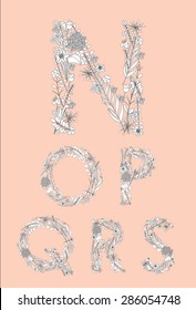 Vector hand-drawn alphabet composed of flowers, branches and leaves. Editable Vector illustration.