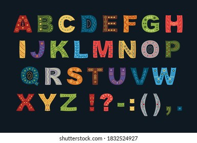 Alfabeto dibujado a mano por vectores en estilo plano. Alfabeto inglés para niños. Conjunto de letras para su diseño
