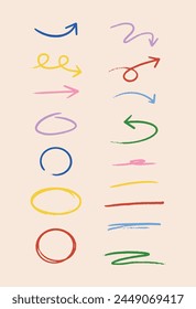 Vector hand-drawn arrows, underlines and circles for teachers, business presentations or documents, social media content. Highlight and point, make notes.