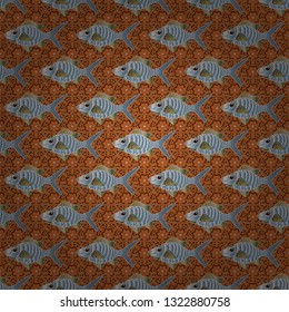 Vector handdrawn art. Gray, brown and orange fishes. Seamless fish pattern.