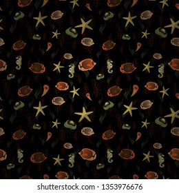 Vector handdrawn art. Green, black and brown fishes. Seamless fish pattern.
