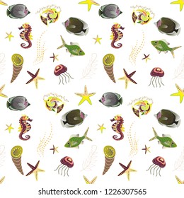 Vector handdrawn art. Seamless fish pattern. Green, yellow and brown fishes.