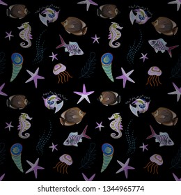 Vector handdrawn art. Seamless fish pattern. Blue, brown and black fishes.