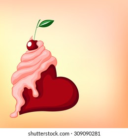 Vector handdrawn artwork illustration with sweet heart covered cream and cherry. Good for restaurant decor, wrap package paper, banner, magazine cover design. Blog element. Original food collection.