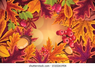 Vector hand-drawn autumn background. Set of many autumn leaves and objects.