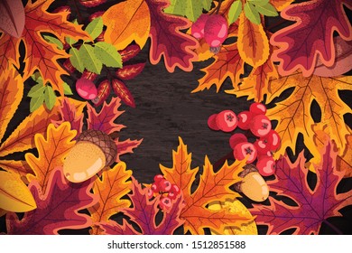 Vector hand-drawn autumn background. Set of many autumn leaves and objects.