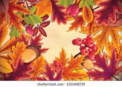 Vector hand-drawn autumn background. Set of many autumn leaves and objects.