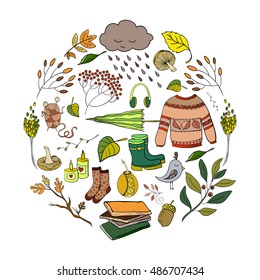 Vector handdrawn autumn elements made in circle isolated on white background. Vector illustration.