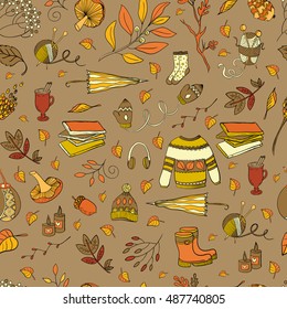Vector handdrawn autumn seamless pattern. Autumn elements isolated on background. Vector illustration.