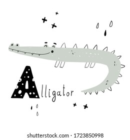 Vector hand-drawn baby illustration with alligator and letter A. ABC book. Cute zoo alphabet with funny animals. Letters. Learn to read. Isolated. For kids. Alphabet.