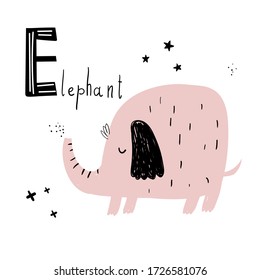 Vector hand-drawn baby illustration with elephant and letter E. ABC book. Cute zoo alphabet with funny animals. Letters. Learn to read. Isolated. For kids. Alphabet. Letter E.
