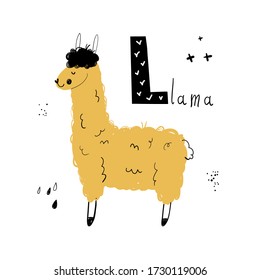 Vector hand-drawn baby illustration with llama and letter L. ABC book. Cute zoo alphabet with funny animals. Letters. Learn to read. Isolated. For kids. Alphabet. Letter L.
