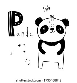Vector hand-drawn baby illustration with panda and letter P. ABC book. Cute zoo alphabet with funny animals. Letters. Learn to read. Isolated. For kids. Alphabet. Letter P.
