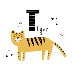 Vector Hand-drawn Baby Illustration With Tiger And Letter T. ABC Book. Cute Zoo Alphabet With Funny Animals. Letters. Learn To Read. Isolated. For Kids. Alphabet. Letter T.
