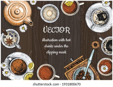 Vector hand-drawn background with hot drinks, a kettle and a coffee grinder. Sketches of tea and coffee mugs in the style of engraving. Vintage lettering template. Top view. Food art. Still-life