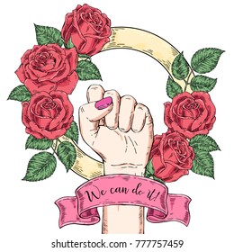 Vector hand-drawn background, sketch illustration. Template for printing, advertising, poster, poster, web design. Female hand with fist raised up. Symbol of feminism. We can do it. vintage rose