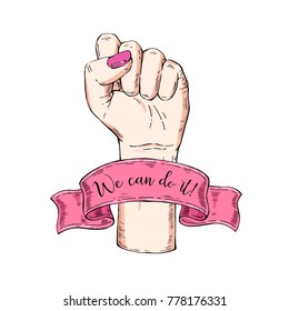 Vector hand-drawn background, sketch illustration. Template for printing, advertising, poster, poster, web design. Female hand with fist raised up. Symbol of feminism. We can do it