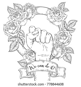 Vector hand-drawn background, sketch illustration. Template for printing, advertising, poster, poster, web design. Female hand with fist raised up. Symbol of feminism. We can do it. vintage rose