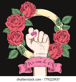 Vector hand-drawn background, sketch illustration. Template for printing, advertising, poster, poster, web design. Female hand with fist raised up. Symbol of feminism. We can do it. vintage rose