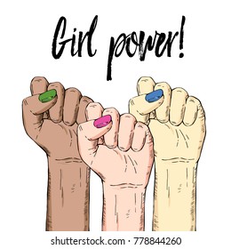 Vector hand-drawn background, sketch multicultural illustration. Template for printing, advertising, poster, poster, web design. Female hand with fist raised up. Symbol of feminism. Girl power text. 