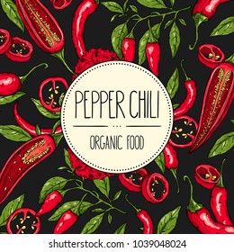 Vector hand-drawn banner with mexican hot pepper chili, slices, halves, crushed pieces and branch of peppers. Vector illustration for shop, book, emblem, menu, label.