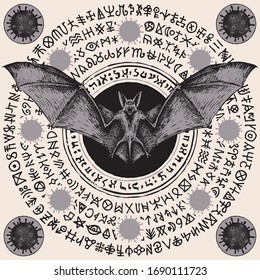 Vector hand-drawn banner with scare bat, coronavirus cells and runes. A magic mandala or amulet with dangerous COVID-19 virions and doodles that imitate magic symbols but do not give information