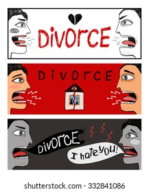 Vector hand-drawn banners about divorce. The end of family happiness.