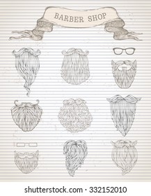 Vector hand-drawn beards set. Linear illustration on striped vintage background.