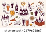 Vector hand-drawn beer and snacks icon set with glasses, bottles, chips, pistachios and sausages. Perfect for craft beer branding, pub menus, packaging and illustrations