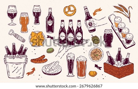 Vector hand-drawn beer and snacks icon set with glasses, bottles, chips, pistachios and sausages. Perfect for craft beer branding, pub menus, packaging and illustrations