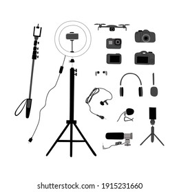 Vector handdrawn big set of equipment for a blogger. Video and foto camera, smartphone; light ring; drone; selfie stick; microphones, headphones and tripod isolated on white background. 