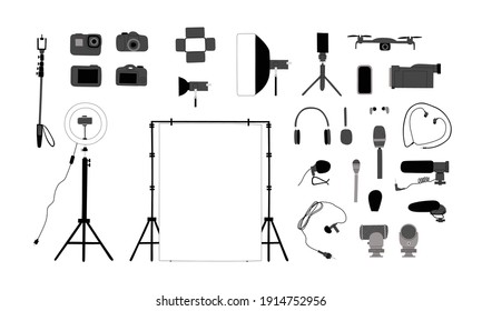 Vector handdrawn big set with illustrations of equipment and gadgets for photo and video shooting. Isolated on white background. For blogging, vlogging and recording podcasts.