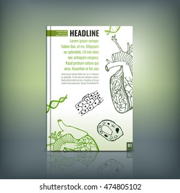 Vector handdrawn biology brochure cover template. Modern backgrounds for poster, print, flyer, book, booklet, brochure and leaflet design. Editable graphic collection in white, black and green colors